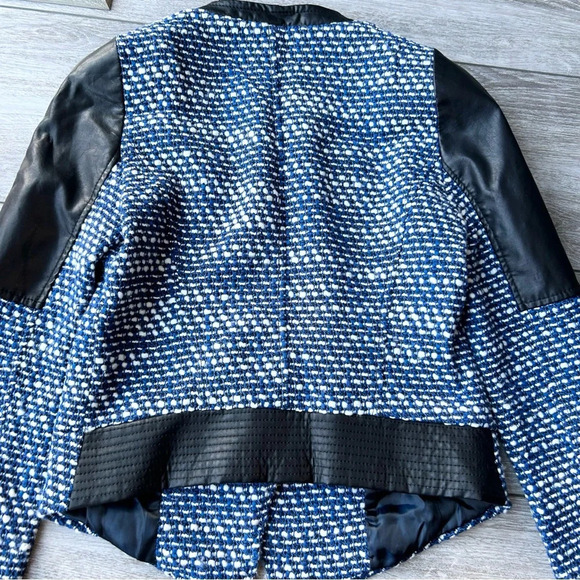 Zara Trafaluc Blue Black Tweed Faux Leather Moto Jacket - Picture 14 of 16